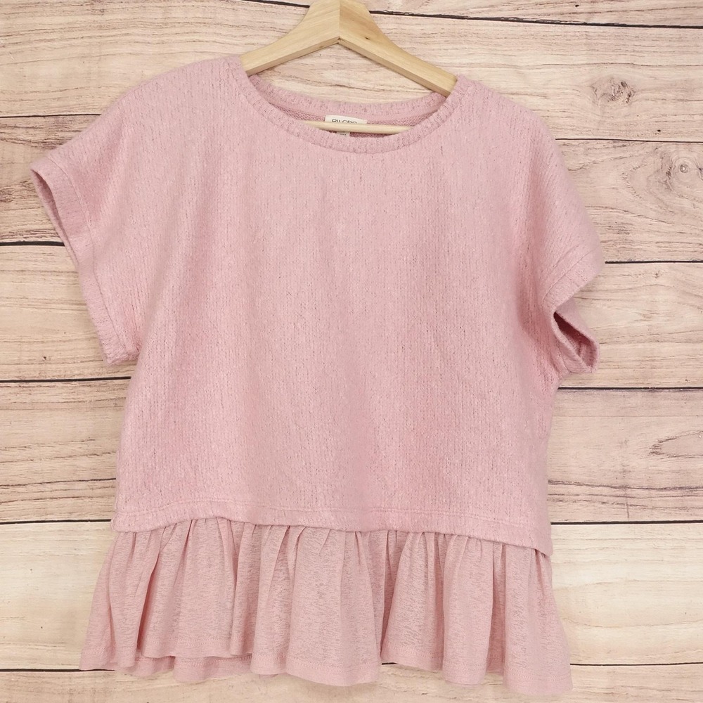 Pilcro Sweater Womens M Pink Crewneck Ruffle Hem Knit Short Sleeve Pullover Top